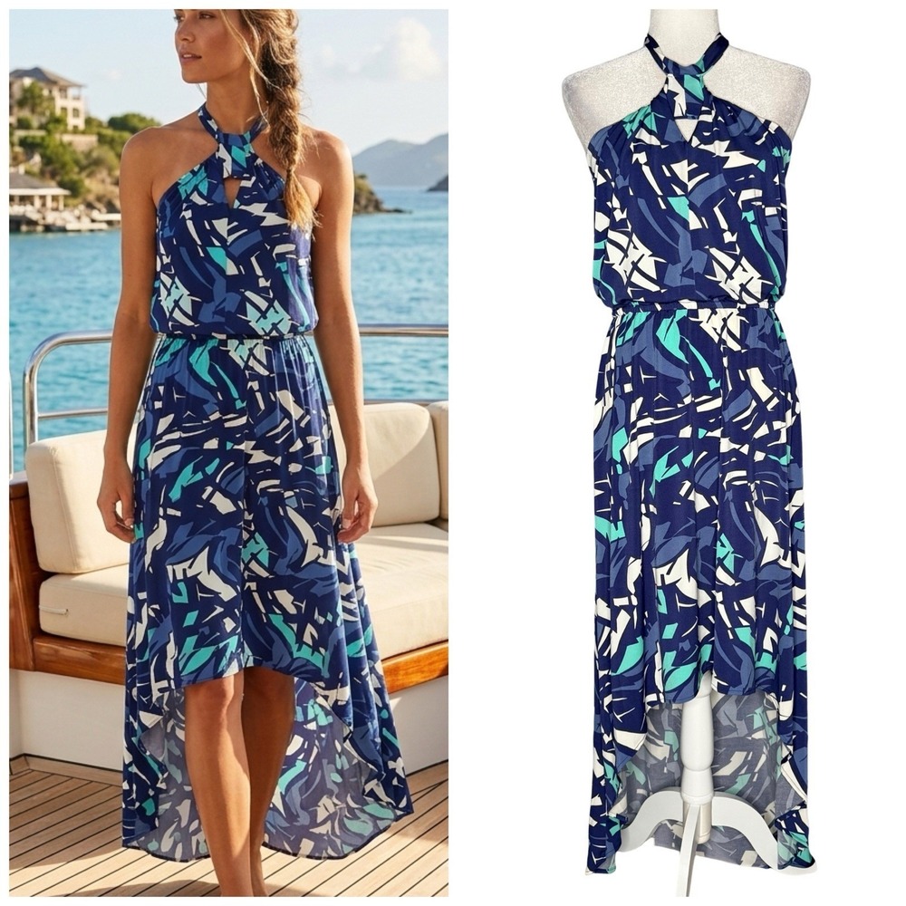 NWT Tori Richard M Honolulu Maxi High Low Dress Halter Tropical Hawiian Resort